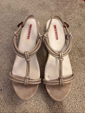 Prada Nude Knotted T-Strap Leather Slingback Sandals